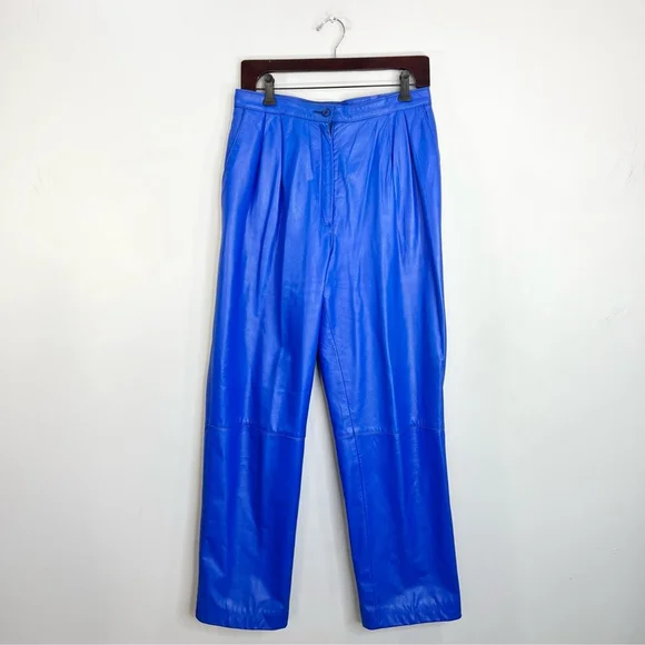 Vintage 80s genuine leather blue padded shoulder batwing bomber pant suit set 14 - Picture 7 of 17